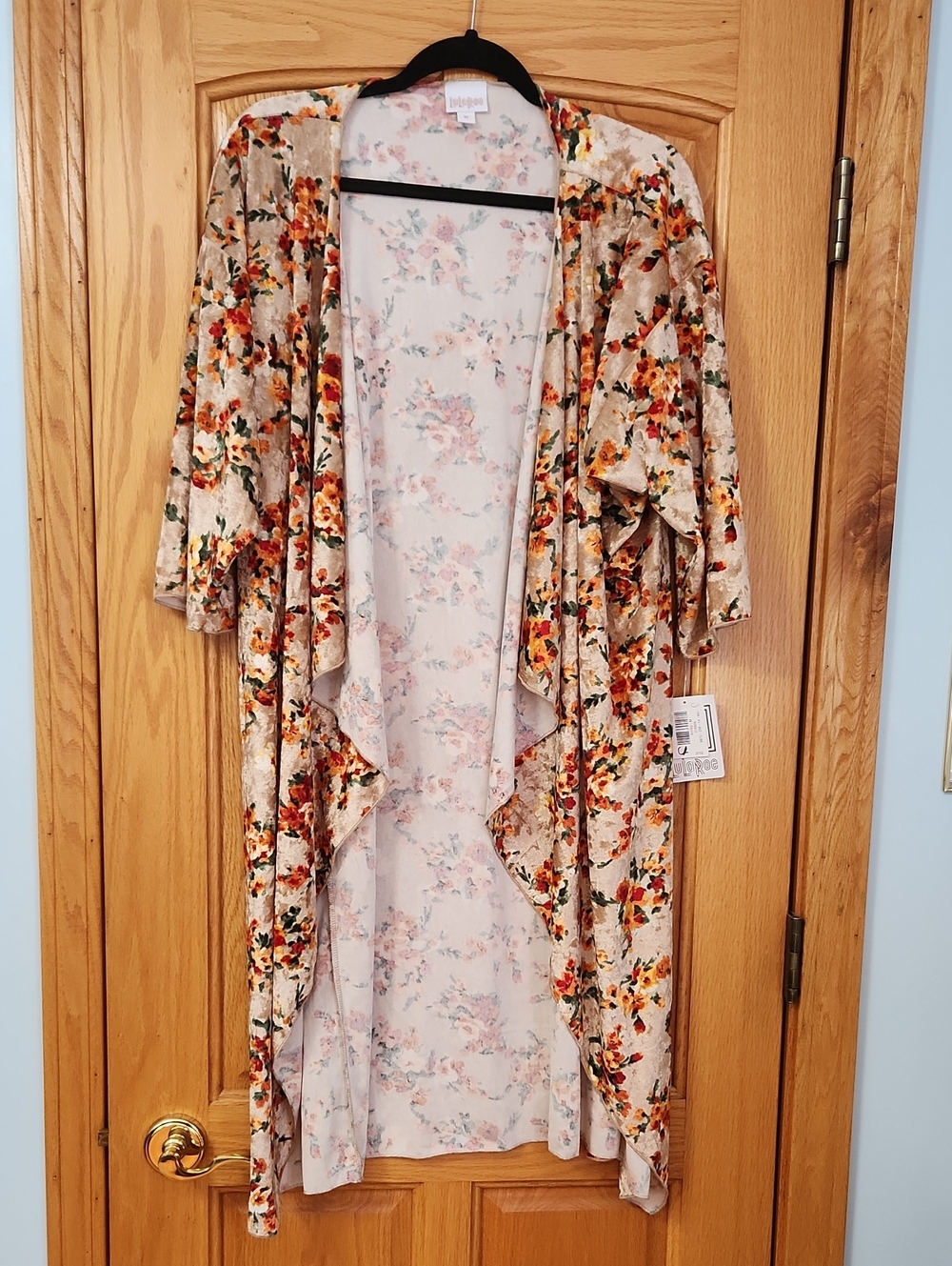 LuLaRoe Cream Velvet Floral Duster with Orange and Brown Flowers